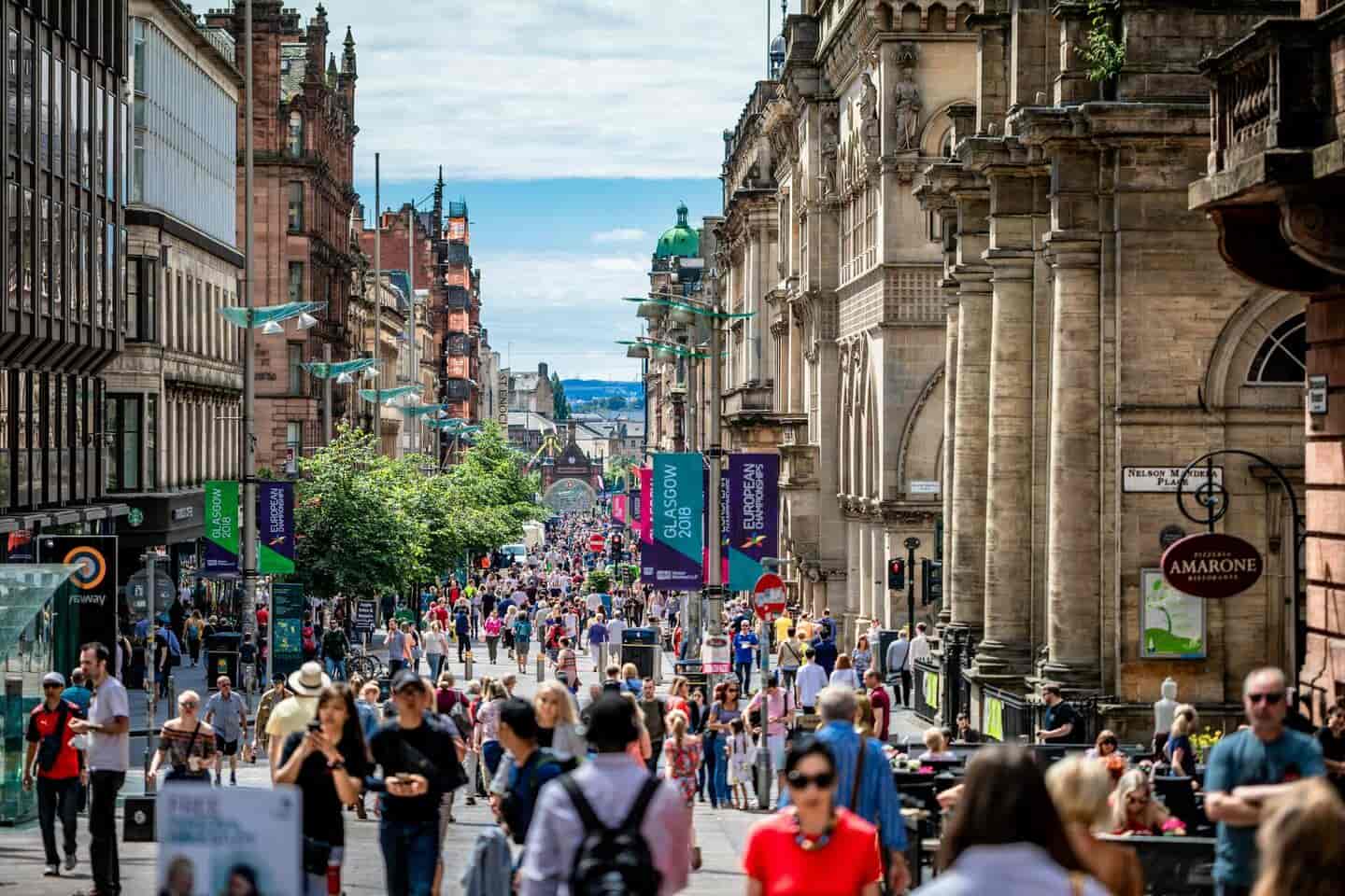 Student Accommodation in Glasgow - A busy Buchanan Street on the corner of Nelson Mandela Place
