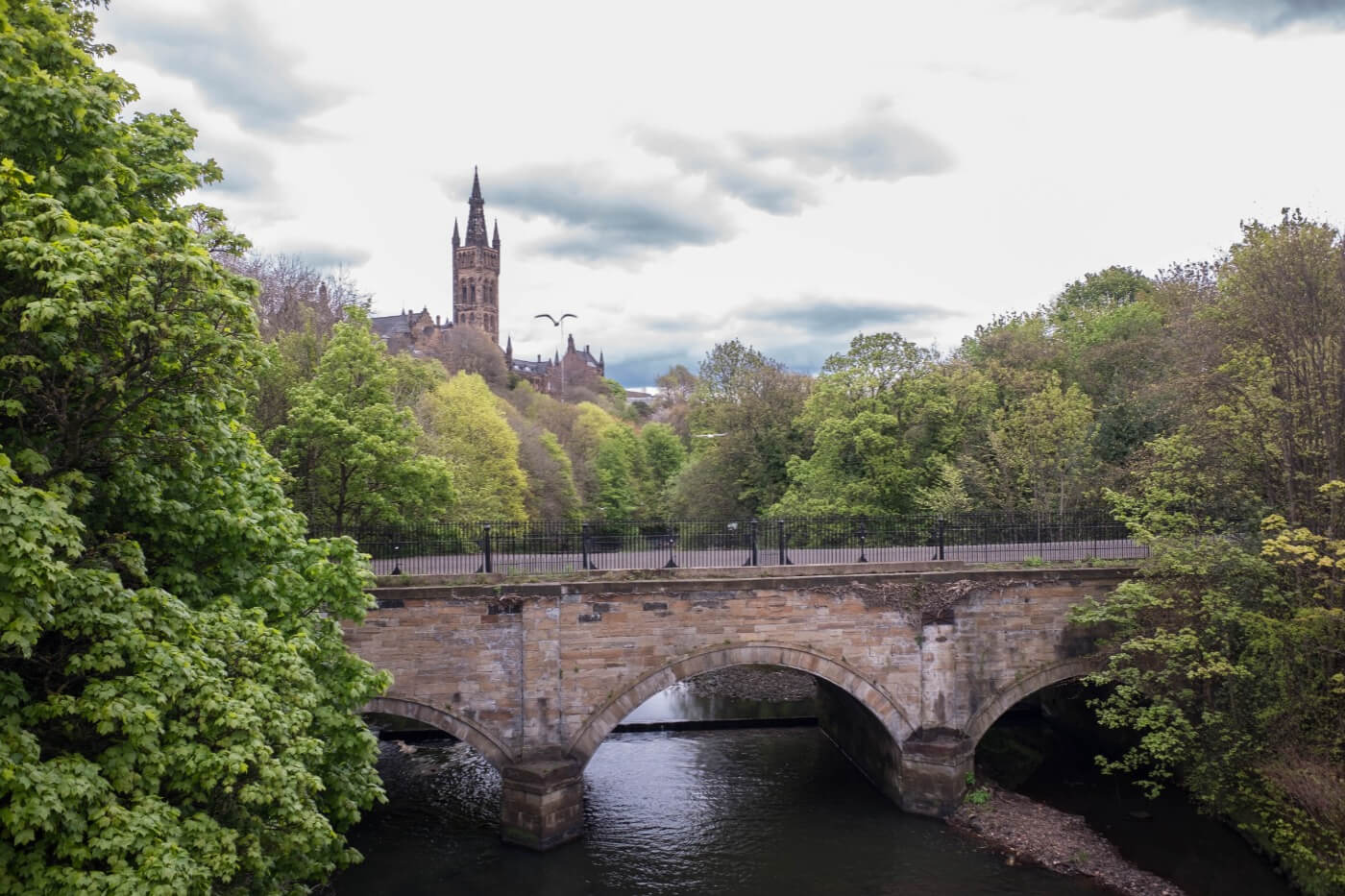 Student Accommodation in Finnieston, Glasgow - view of the University of Glasgow over the River Kelvin from Finnieston