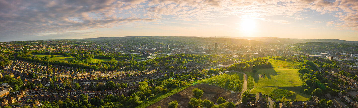Student Accommodation in Crookesmoor - an aerial view of Sheffield at sunset