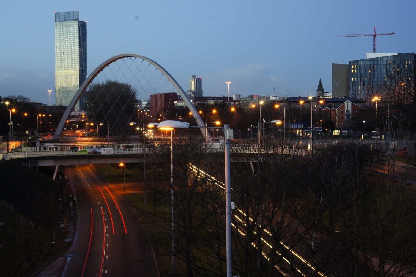 Student Accommodation in Hulme, Manchester - view of Hulme Arch in the evening